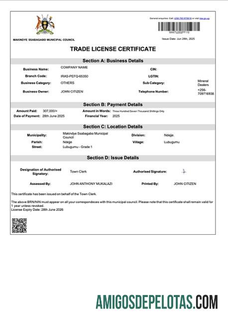 realistic Uganda Makindye Trade License Certificate Word And PDF modelo